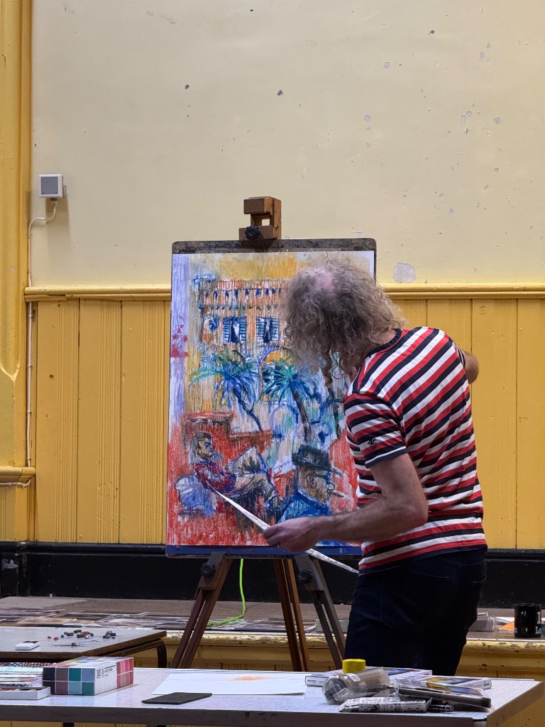 Curtis Tappenden painting expressive pastel scene at CandWAG demonstration Holmwood Hall Wallington
