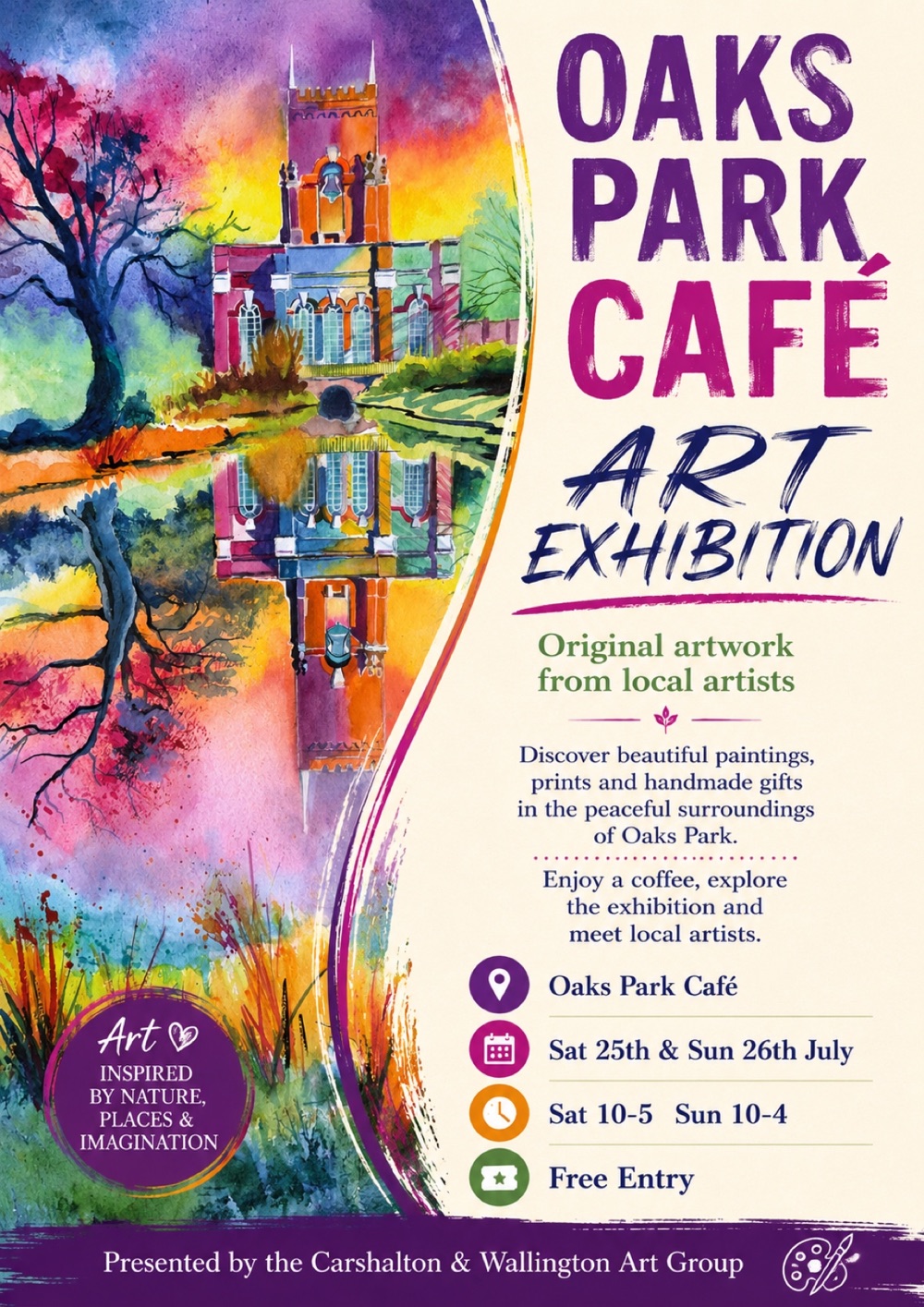 Oaks Park Café Art Exhibition poster with dates, opening times and free entry details